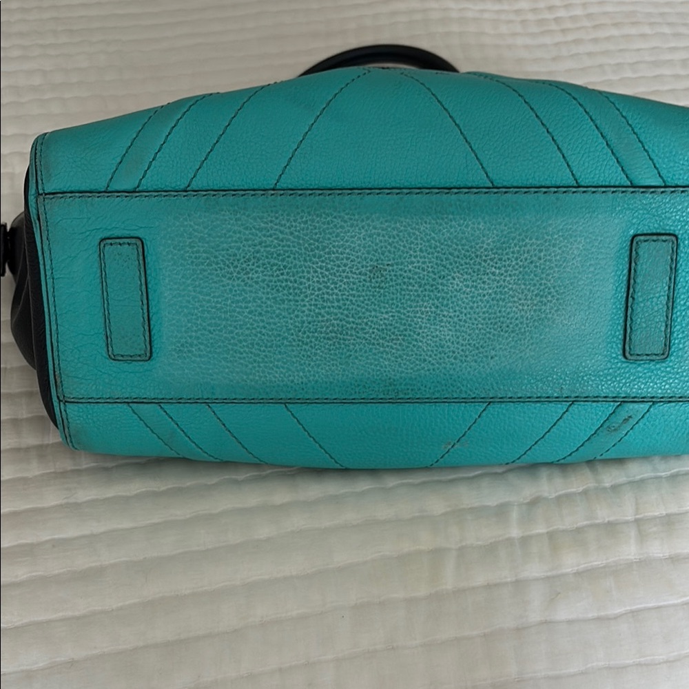 Milly Black and Turquoise Satchel with Geometric Stitching - Picture 5 of 7